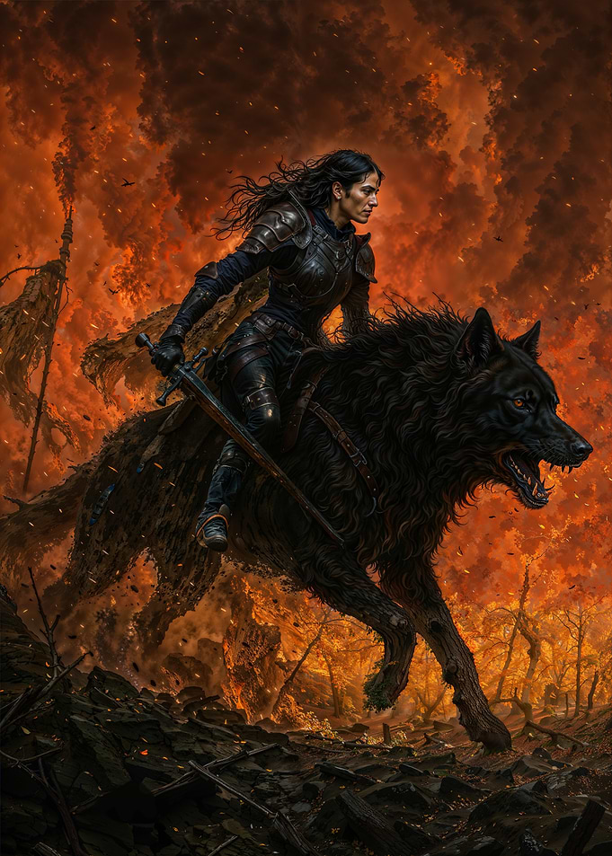 Warrior Riding Wolf Through Fire