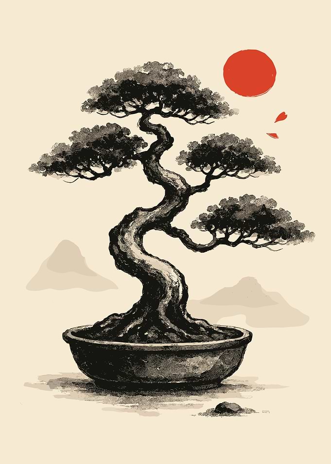 Bonsai Tree with Rising Sun