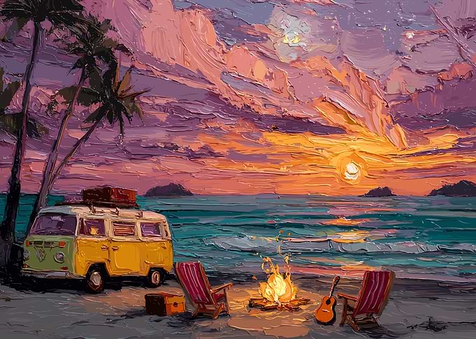 Beach Sunset with Van and Campfire