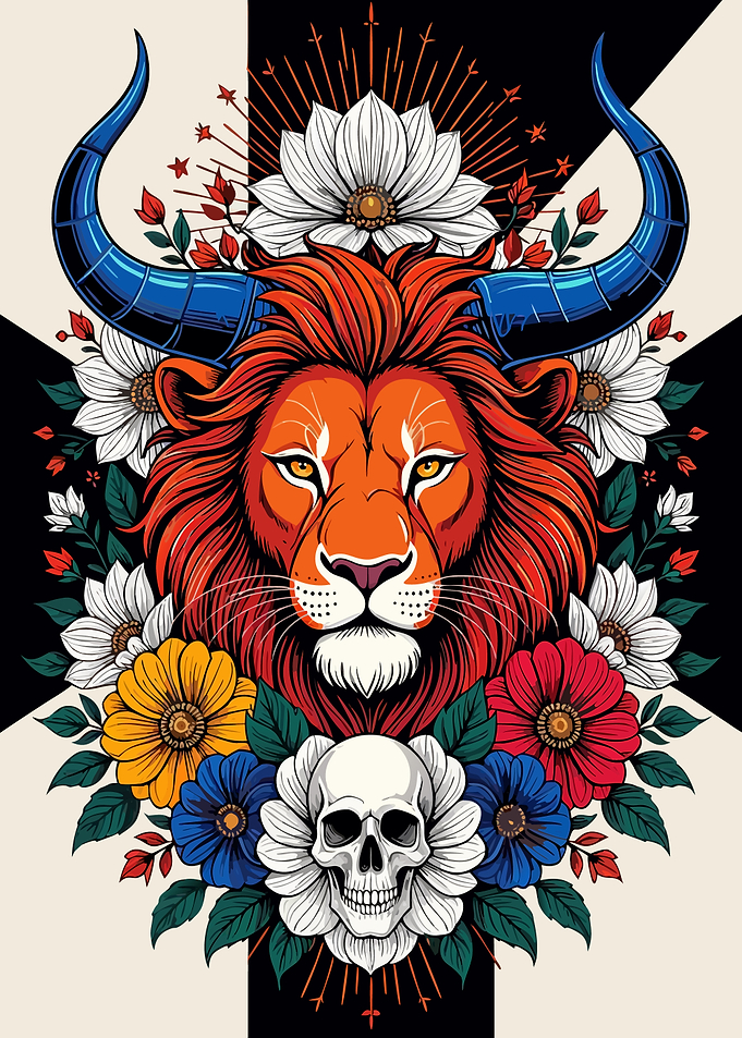 Lion with Horns and Floral Skull