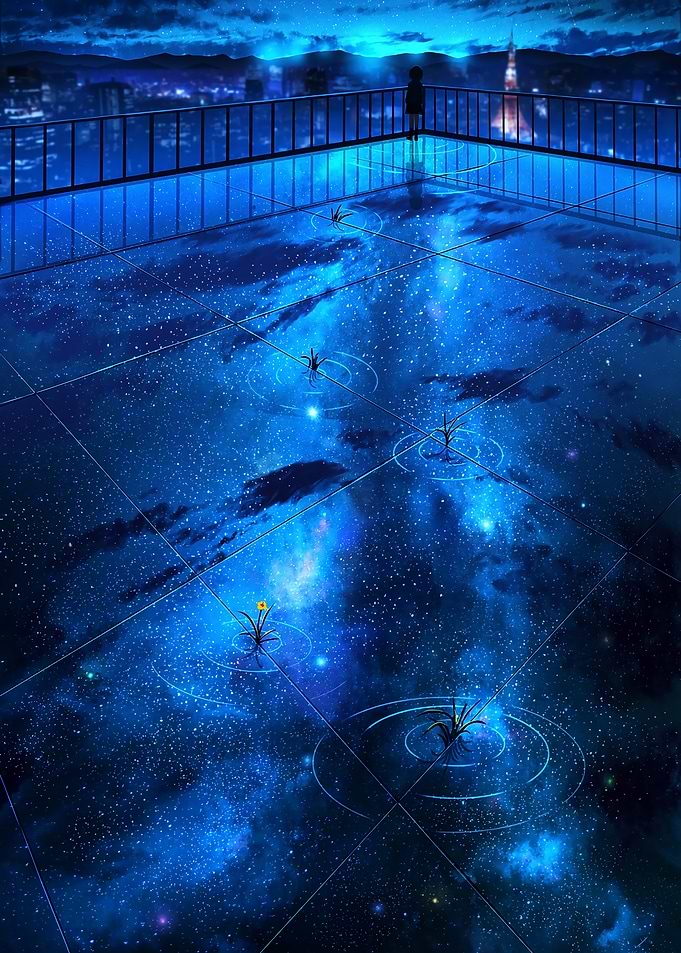 Rooftop Galaxy View with Figure