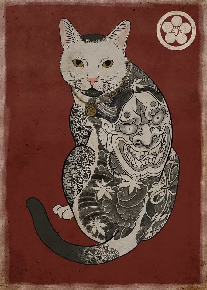 Irezumi Cat Art – Japanese Tattoo Style Oni Mask & Yokai Design | Samurai-Inspired Cat Artwork for Tattoo & Japanese Art Lovers