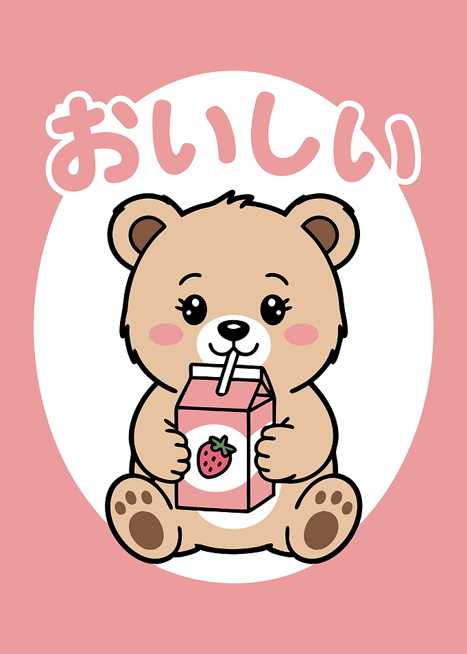 Kawaii Bear Drinking Strawberry Milk