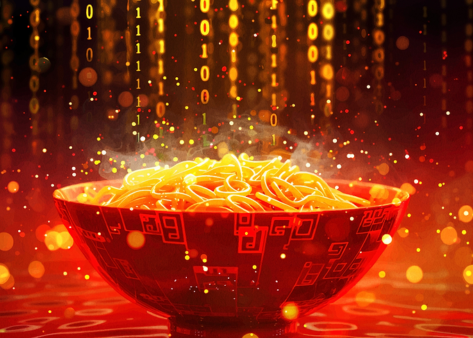 Digital Noodles in Red Bowl