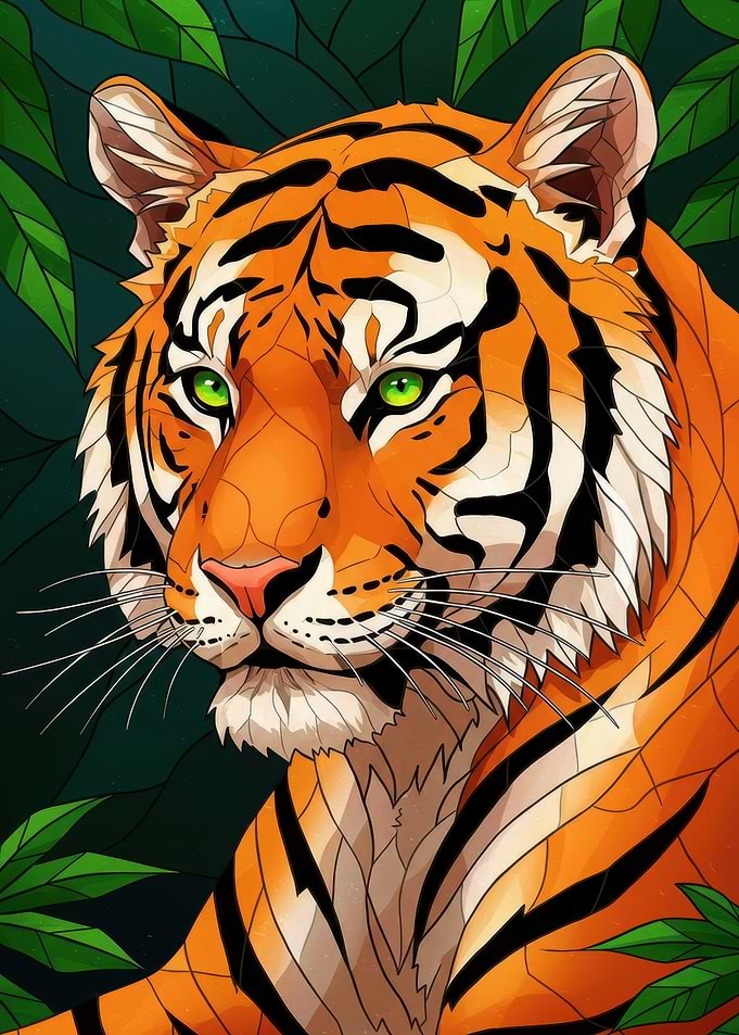 Tiger Portrait in Jungle Foliage