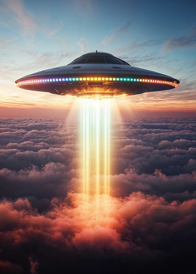 UFO over clouds with light beams