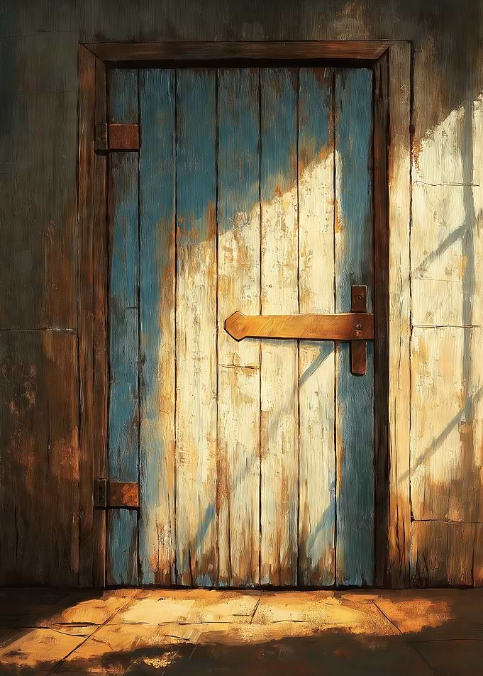 A Rustic Barn Door Illuminated by Sunlight
