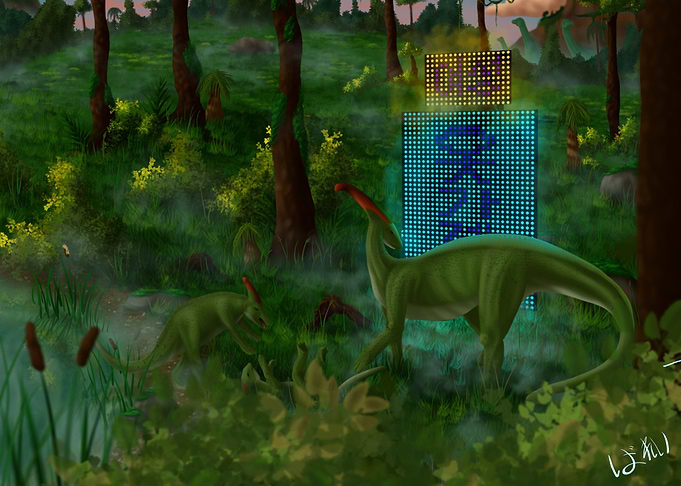 Dinosaurs in a Forest with Sign