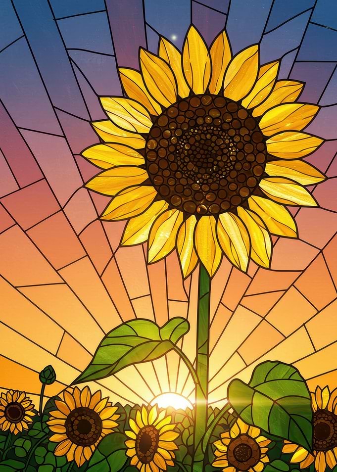 Stained Glass Sunflower Field at Sunset