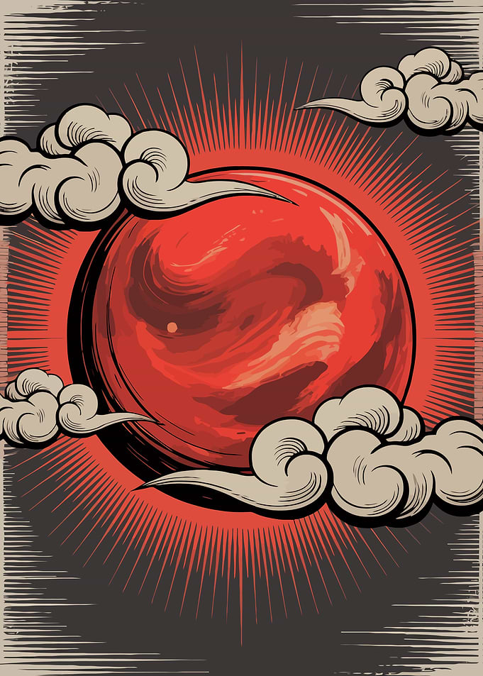 Red sun with Clouds and Rays
