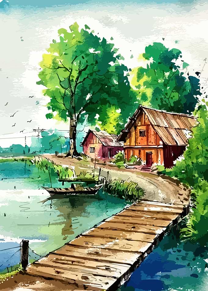 Watercolor Lakeside Cottage Landscape