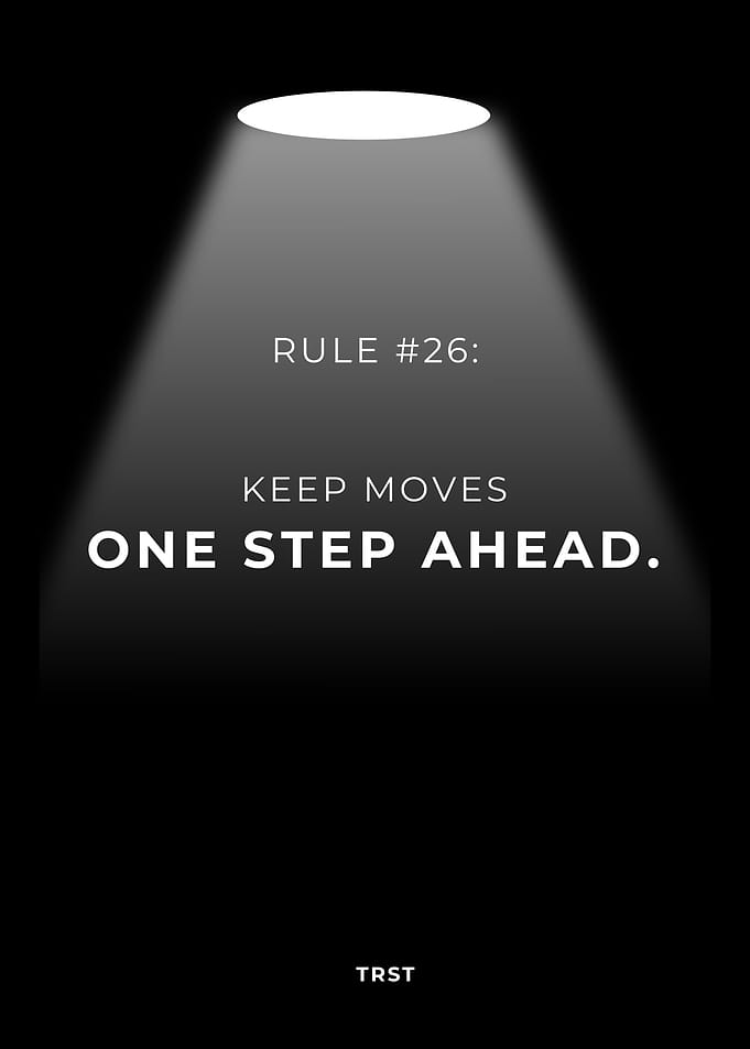 Rule #26: Keep Moves One Step Ahead – Minimalist Black Motivational Spotlight Poster