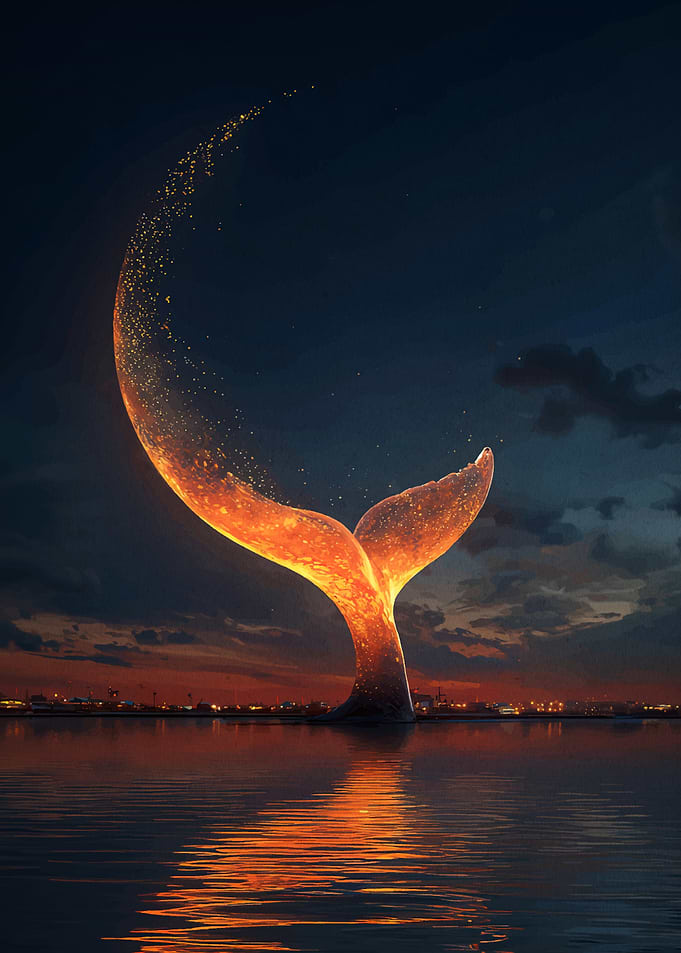 Glowing Whale Tail at Sunset