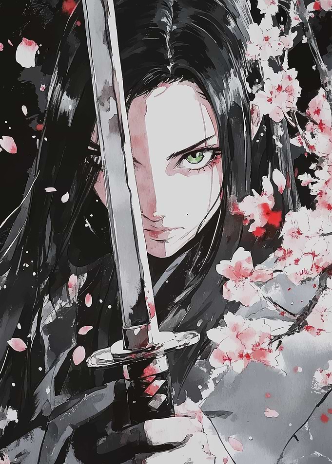 Anime Warrior with Katana and Cherry Blossoms