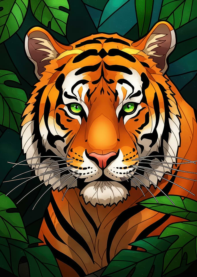 Tiger Portrait in Jungle Foliage