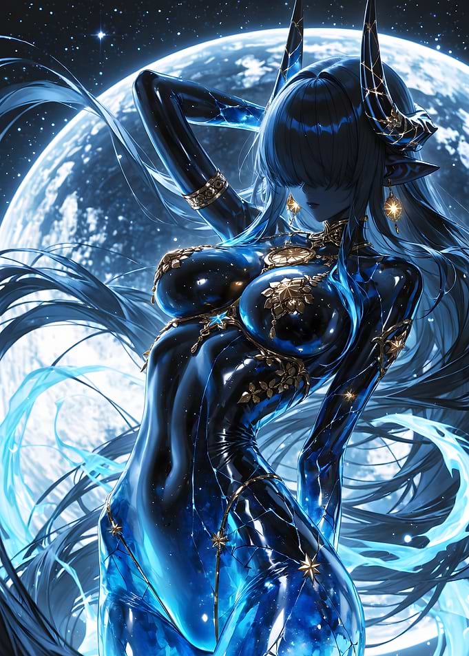 Celestial Horned Woman with Moon Backdrop