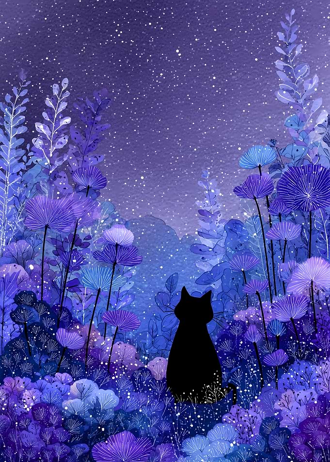 Midnight Whispers – A Black Cat’s Dream in a Starry Blue Garden