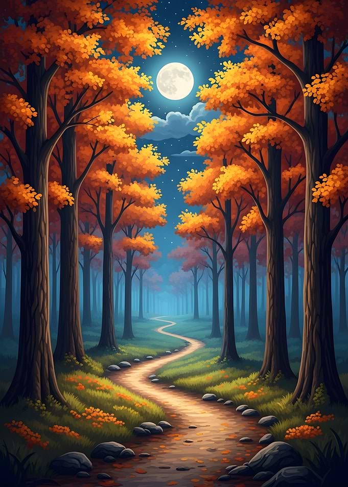 Autumn Forest Path Under Moonlight