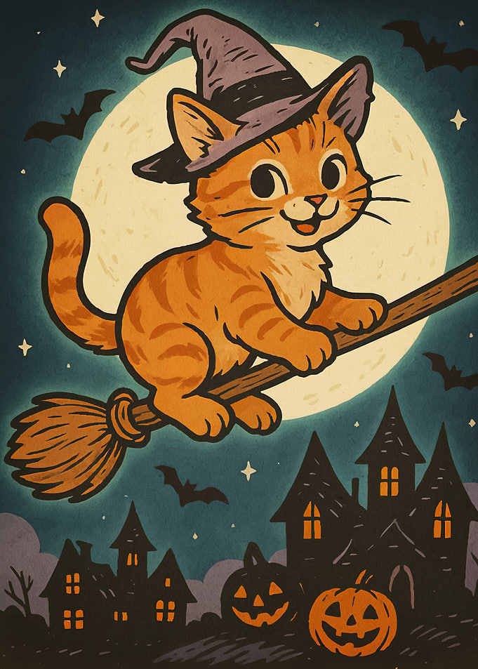 Halloween Cat Witch Broom