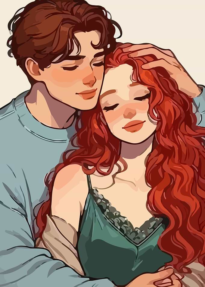 Romantic Embrace: Cartoon Couple Portrait