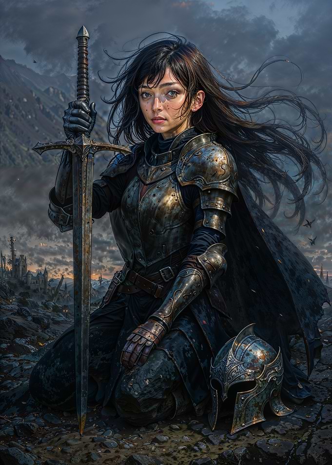 Female Knight with Sword and Helmet