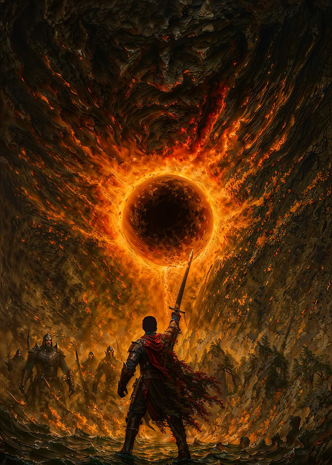 Epic Dark Fantasy Battle Against Fiery Orb