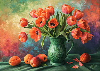 Tulip Flowers and apricots Artistic Still Life Painting