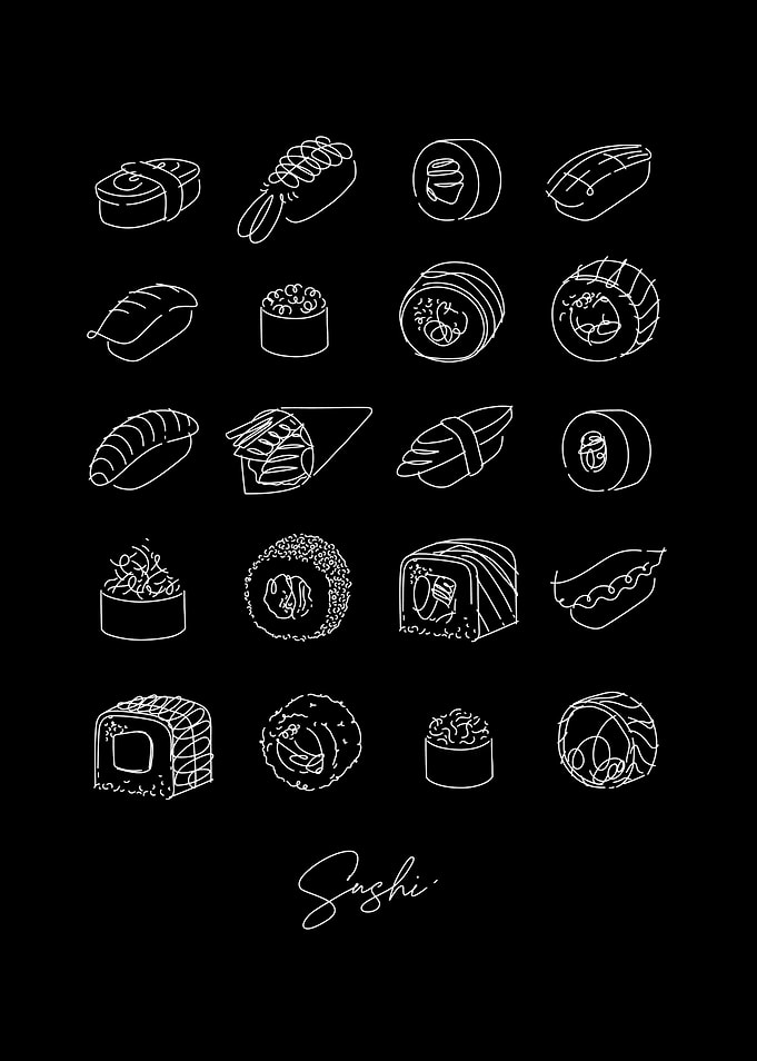 Sushi Line Art on Black Background