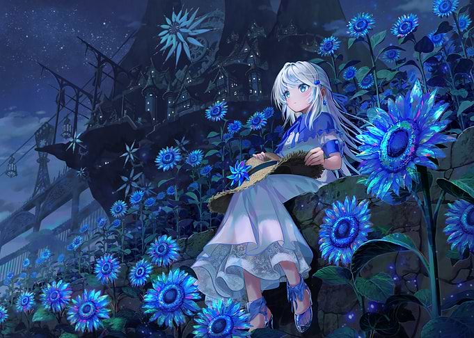 Anime Girl in Blue Sunflower Field