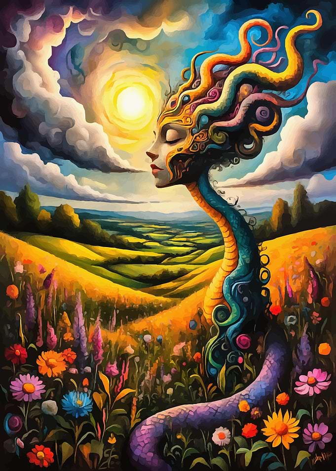 Serpentine Woman in Floral Landscape