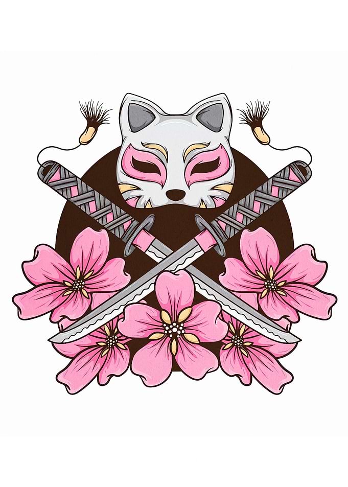 Kitsune Mask with Swords and Flowers