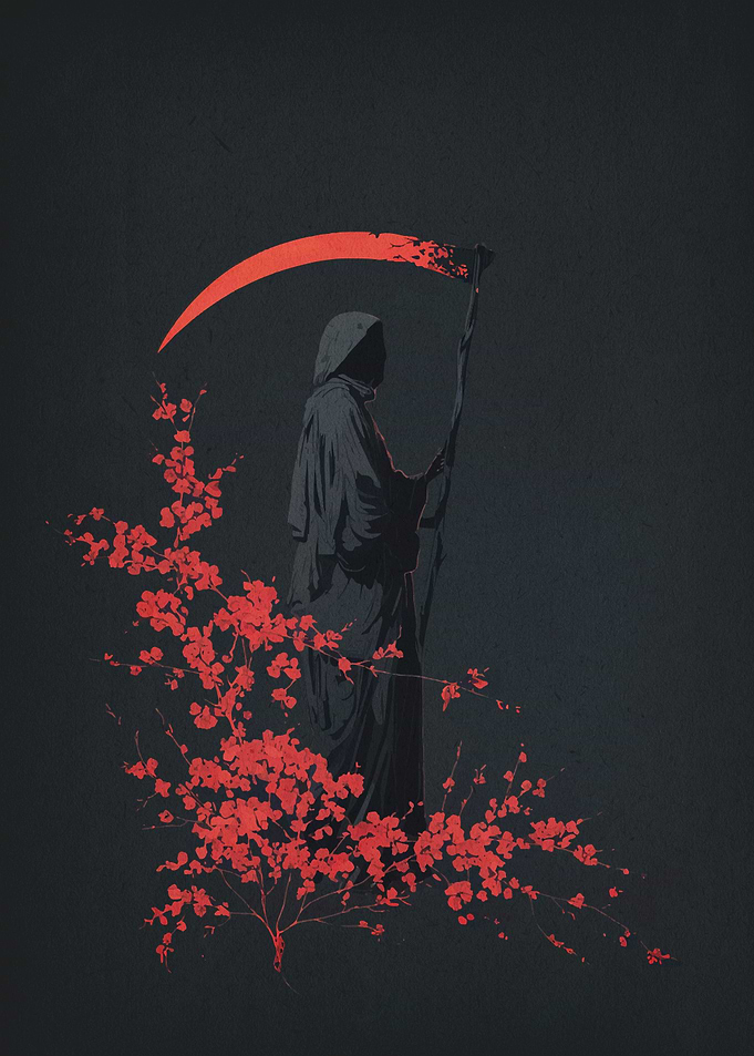 Grim Reaper with Red Scythe and Flowers