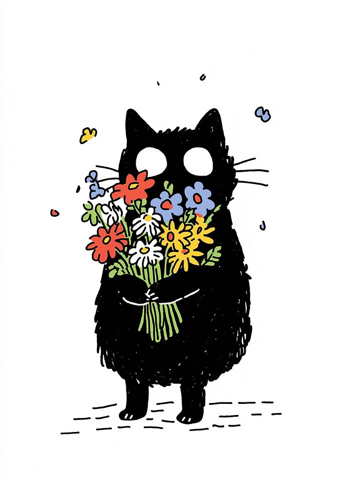 Black Cat with Flowers Illustration