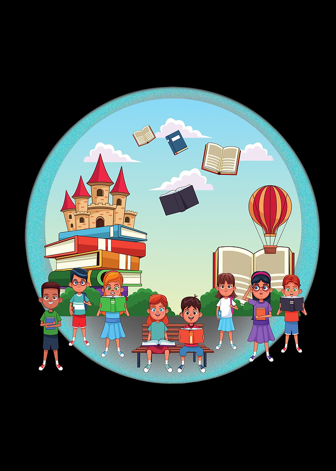 Children Reading Books in Fantasy Setting