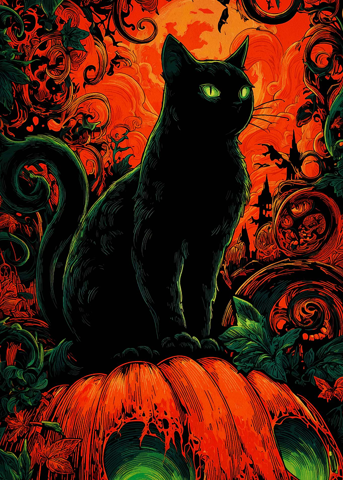 Halloween Black Cat on Pumpkin
