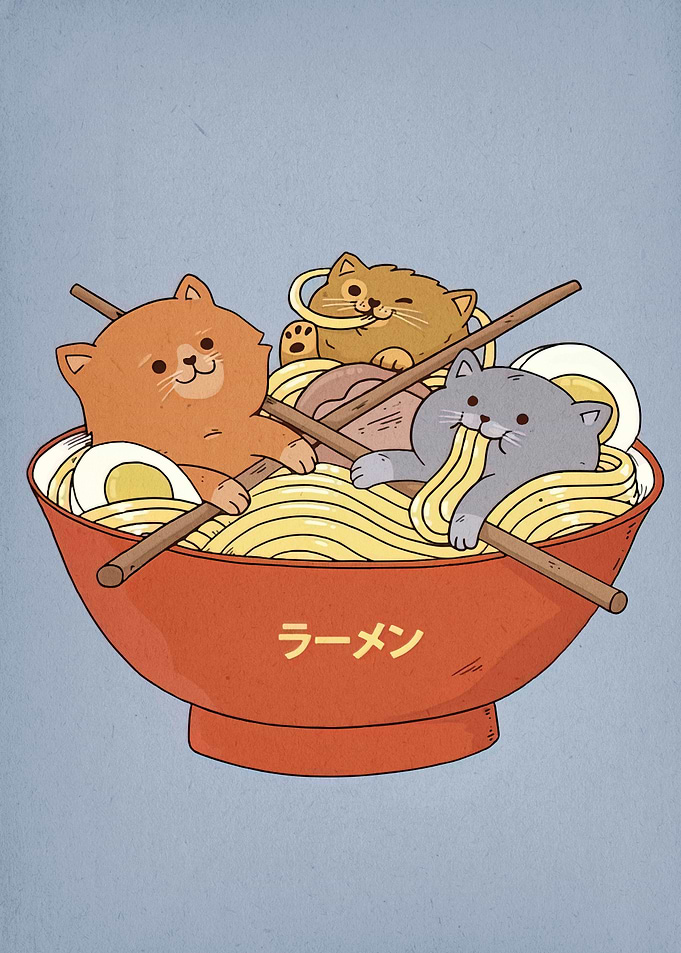 Cats in Ramen Bowl Illustration