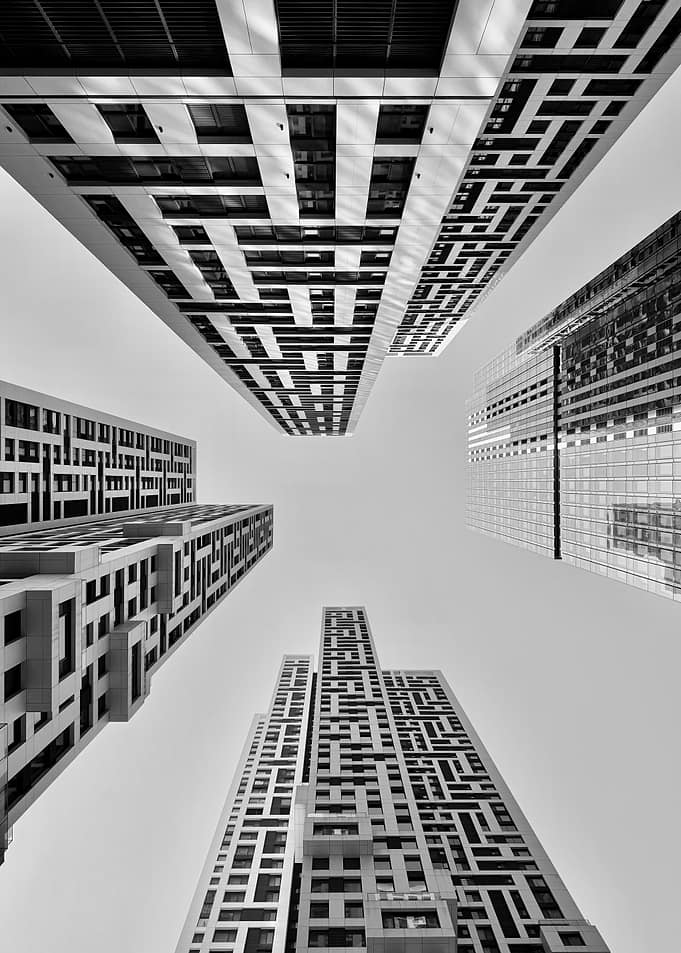 Vertical City – Geometric Skyscrapers in Black and White