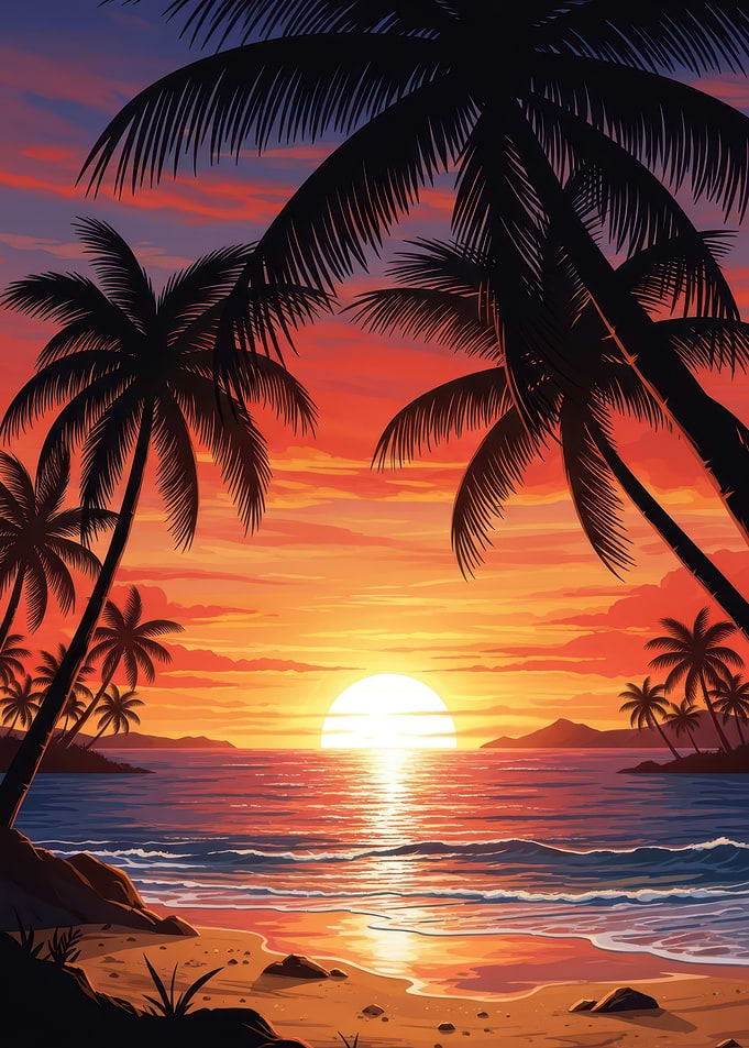 Tropical Beach Sunset with Palm Trees