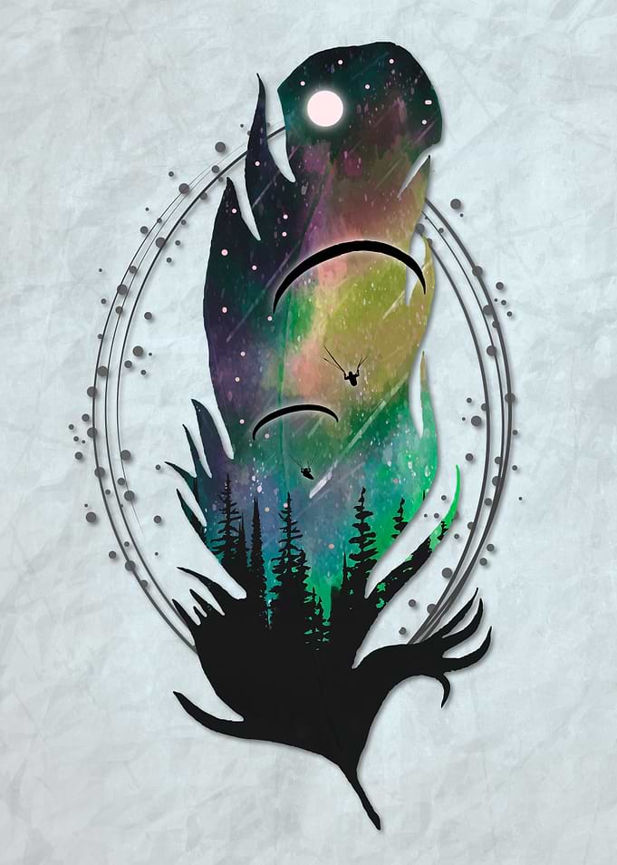 Feather with Night Sky and Paragliders