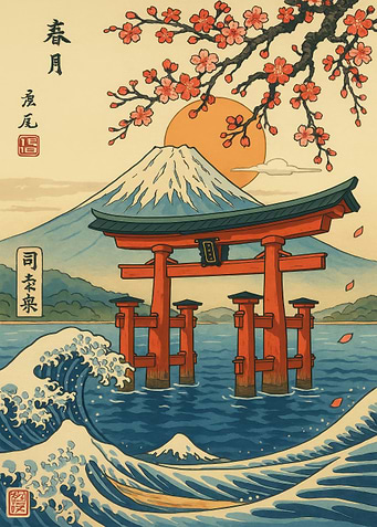 Japanese Landscape with Mount Fuji and Torii
