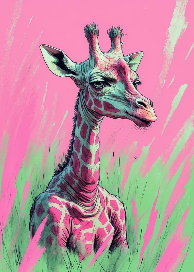 Neon Pink & Mint Giraffe — Surreal Illustrated Wildlife Portrait