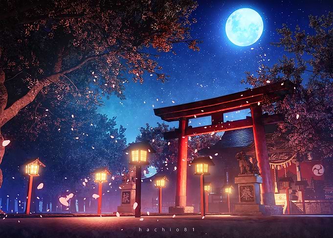 Japanese Shrine Under Moonlight