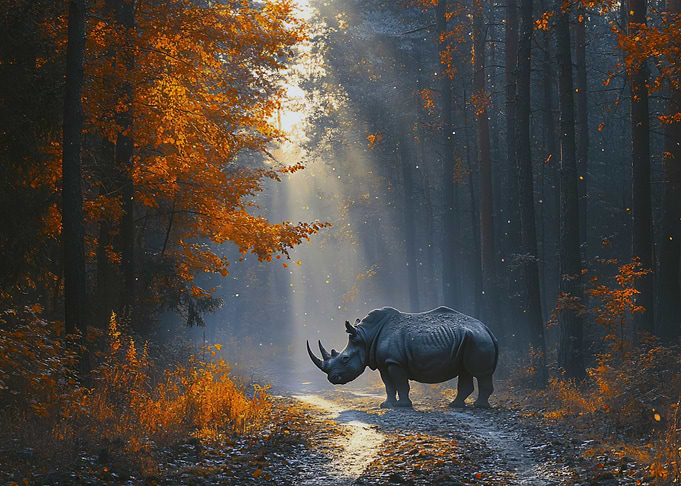 Rhinoceros in Autumn Forest