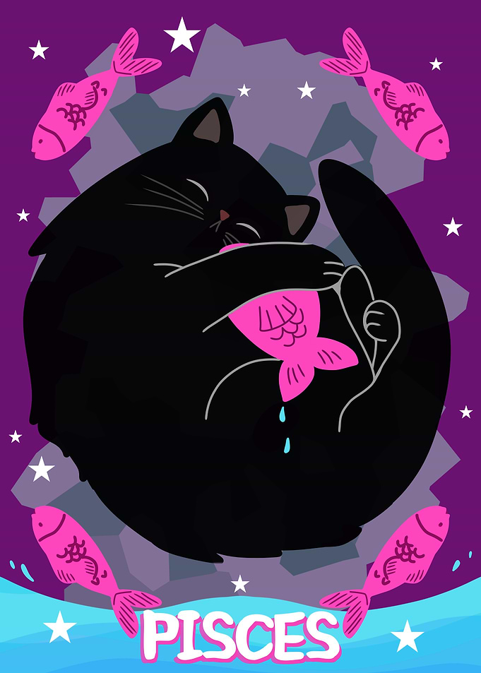 Pisces - Zodiac Sign Black Cat series