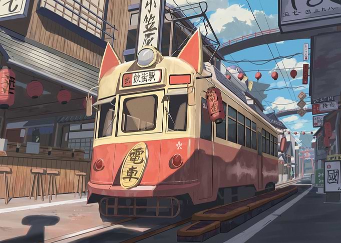 Japanese Street with Cat-Eared Tram