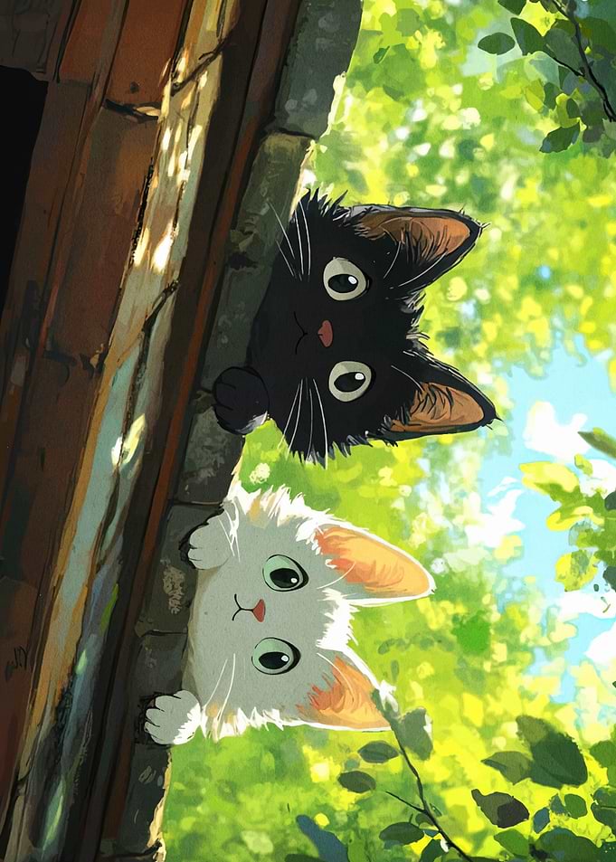 Two Curious Cats Peeking Over Wall