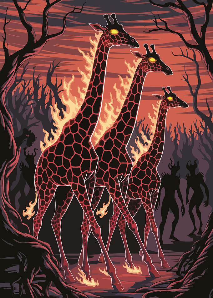 Flaming Giraffes in a Dark Forest