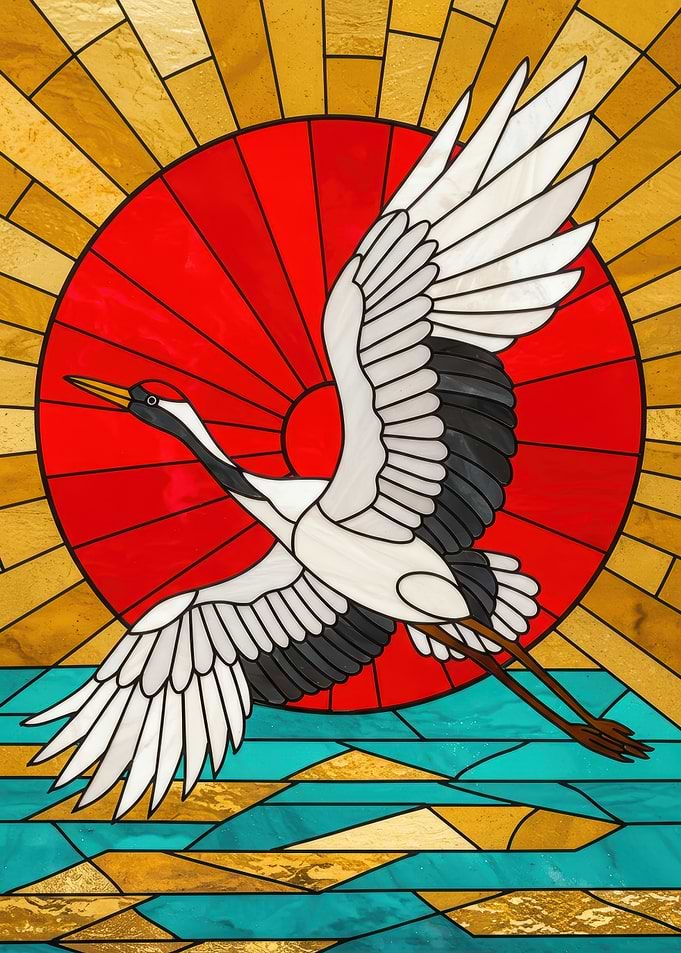 Stained Glass Crane Flying Over Water