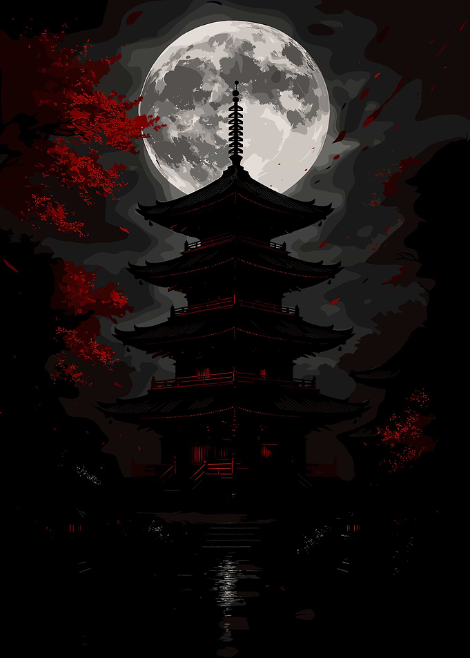 Japanese Pagoda Under Full Moon