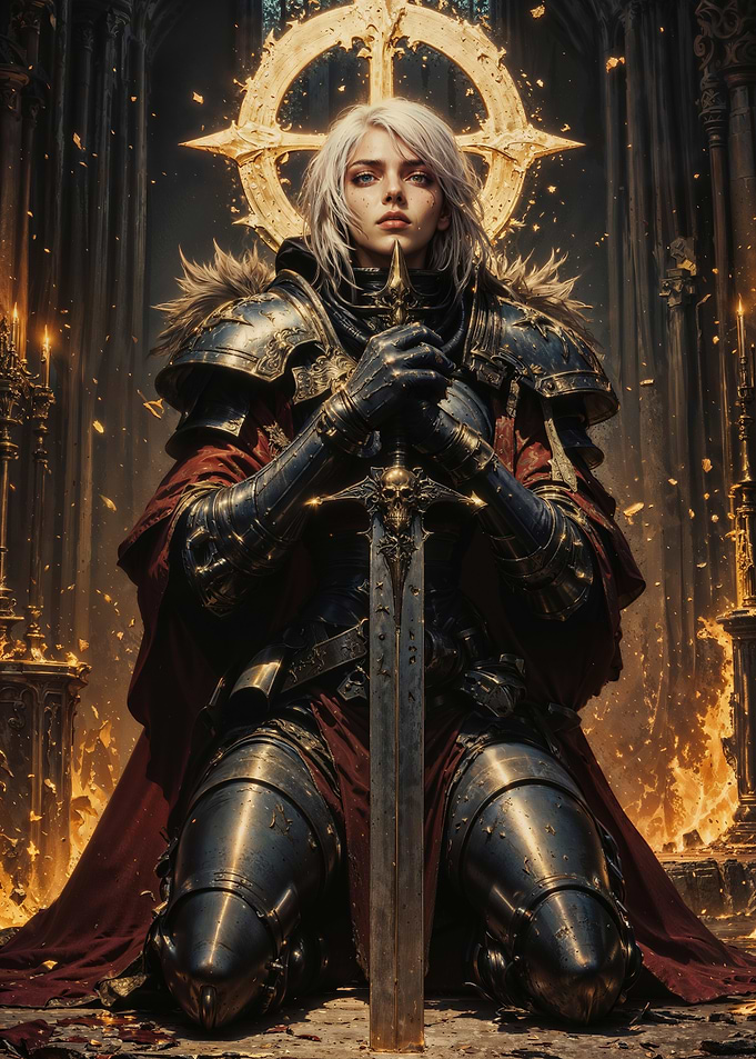 Female Knight with Sword in Cathedral